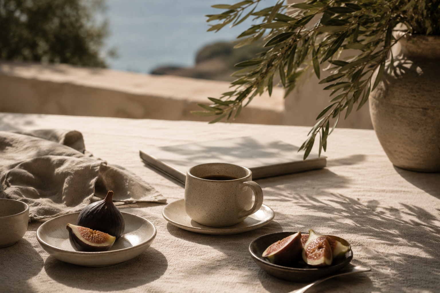 Morning coffee, figs and linen styling at Aethera House