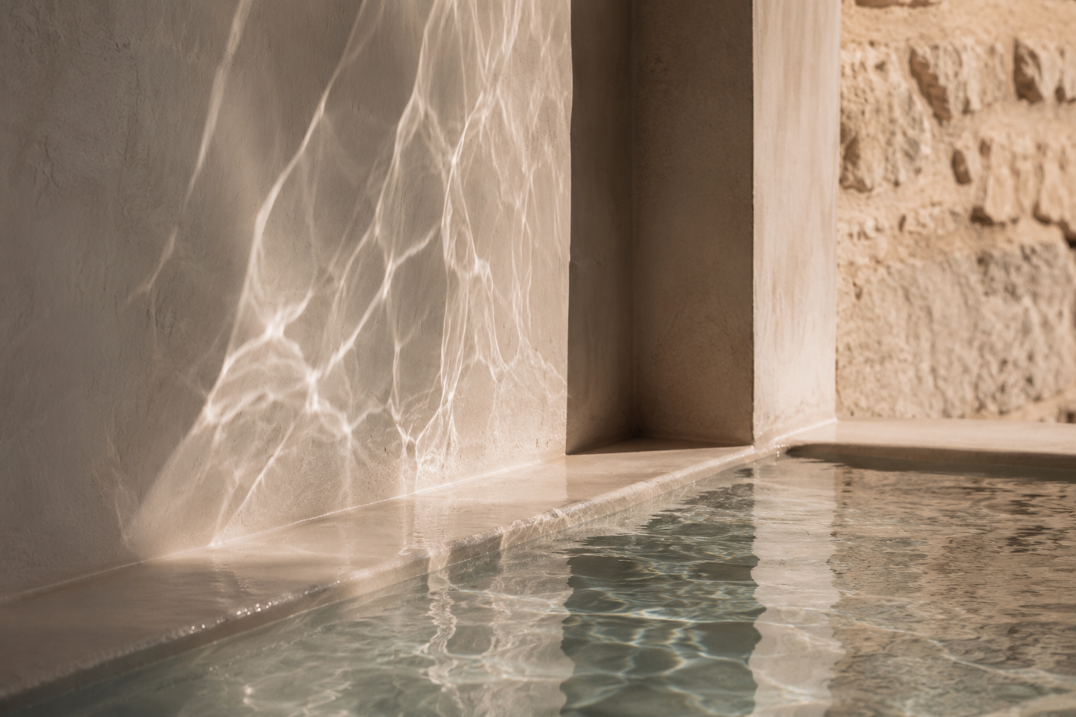 Sunlight reflecting over still water and warm stone at Aethera House