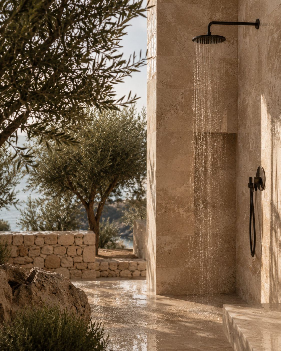 Outdoor stone shower with olive trees and sea beyond at Aethera House
