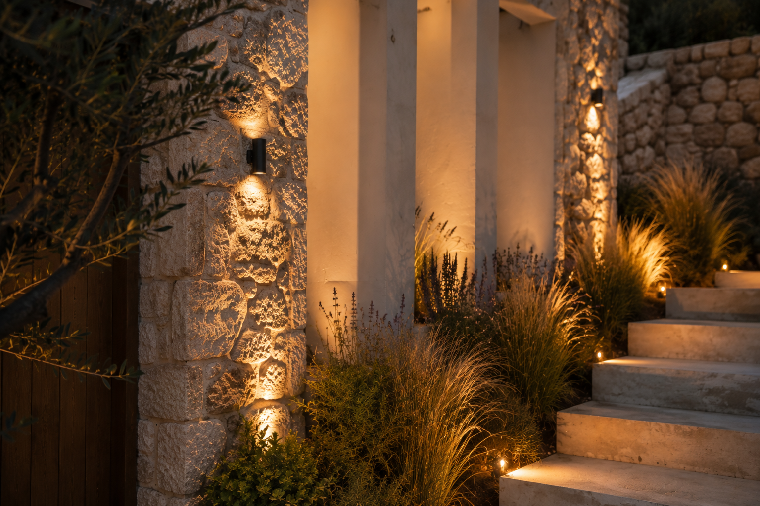 Warm architectural lighting across stone walls and planting at Aethera House